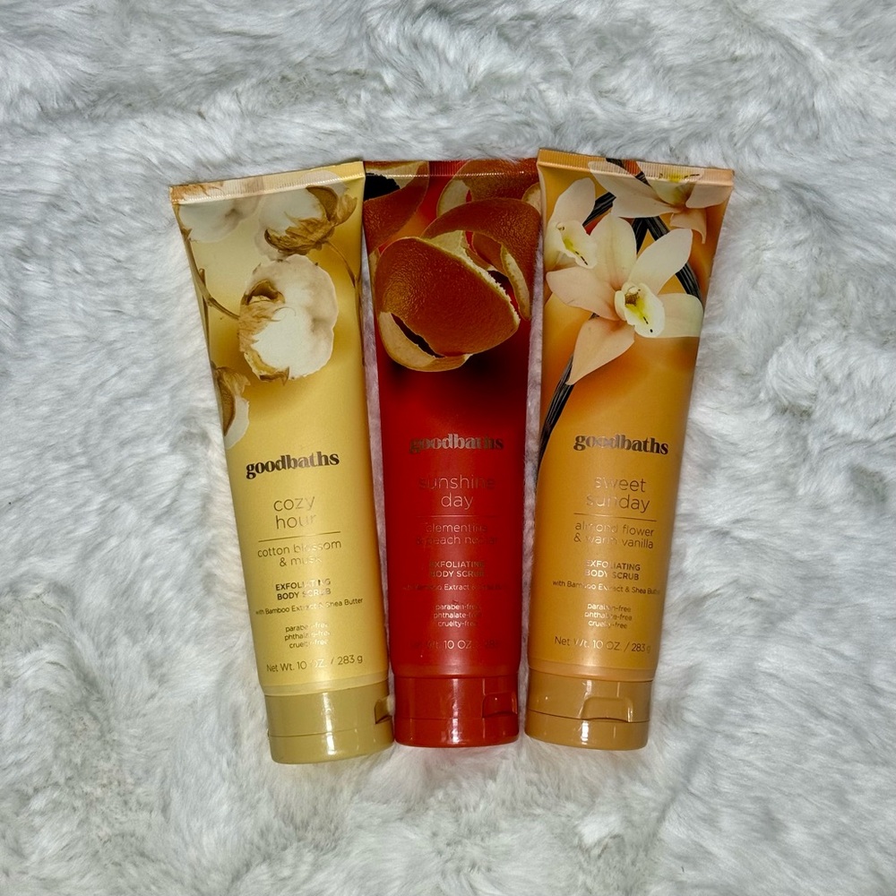 Pack of 3 Goodbaths Exfoliating Body Scrub Cozy Hour, Sweet Sunday, Sunshine Day
